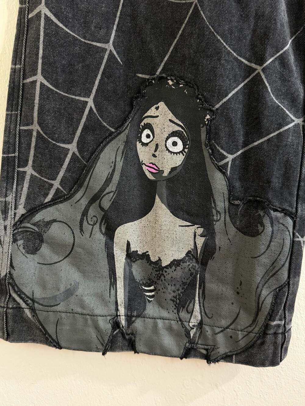 Dolls Kill x Corpse Bride Wide Leg Jeans with Spiderweb Graphic and Detachable C - Picture 3 of 4